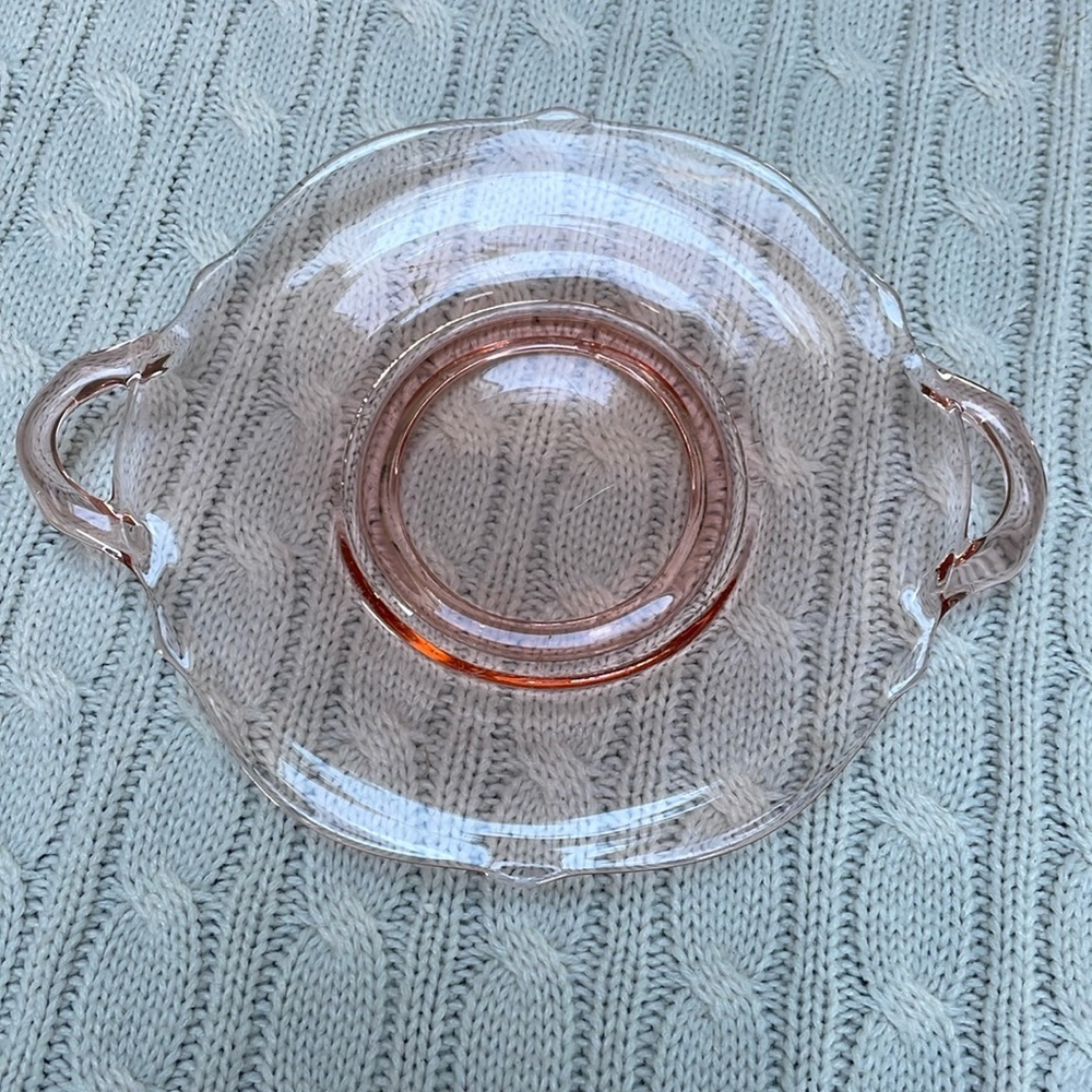 VTG Pink Depression Glass Era Plate, 9” x 7.25", serving handles, parties